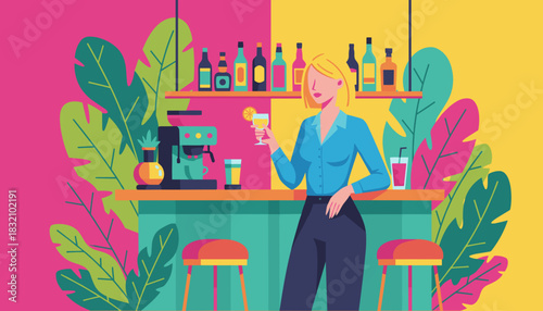 Stylish woman with a drink at a vibrant cocktail bar Modern flat vector illustration