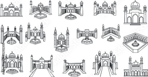 A collection of ornate architectural monuments and temples in detailed outline vector style, suitable for cultural design projects