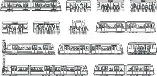 A collection of outline vector illustrations depicting various train types with passengers in black and white, ideal for urban transport design