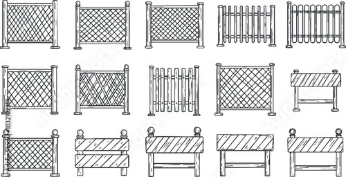 A set of various wooden fence designs in detailed outline vector style, suitable for landscaping and architectural projects