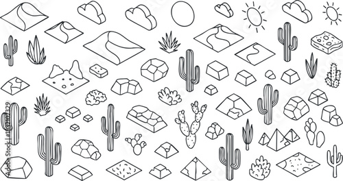 A collection of desert-themed elements including cacti, rocks, and landscapes in black and white outline vector style, perfect for nature-related projects