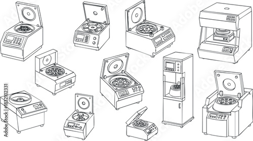 A collection of various kitchen machines and appliances in clean outline vector style, ideal for culinary design projects