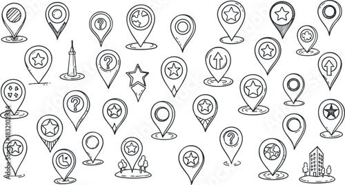 A collection of various location pins and markers in black outline style, suitable for navigation and travel designs