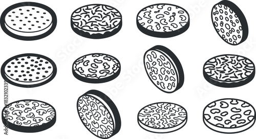 A collection of various cookie designs featuring different patterns and textures in black and white geometric vector style, ideal for dessert menus and baking projects