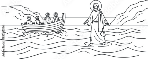 A depiction of Jesus walking on water towards a boat with disciples in outline vector style, perfect for religious illustrations