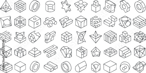 A collection of geometric shapes and 3D forms in clean outline vector style, ideal for design and educational projects