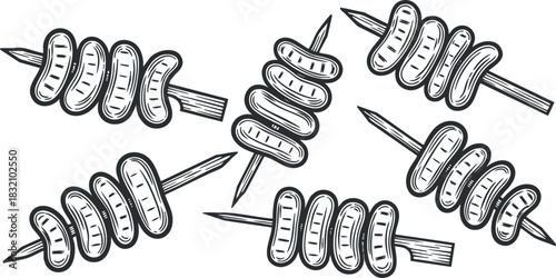 A set of grilled skewers with meat and vegetables in black and white outline vector style, ideal for food menus and culinary projects