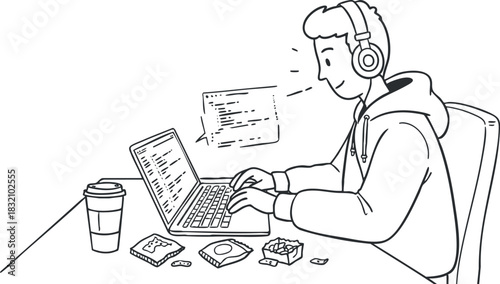 A young man wearing headphones and working on a laptop with snacks and coffee in outline minimalist vector style, perfect for illustrating remote work and study environments