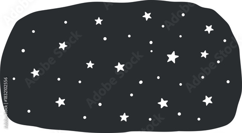 A whimsical starry night sky with scattered stars in a minimalist black and white vector style, perfect for creative projects and backgrounds