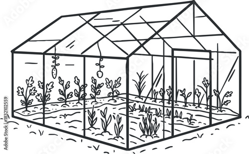 A greenhouse with various plants and vegetables in a detailed black outline vector style, suitable for gardening and landscape design projects