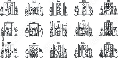 A collection of elevator scenes featuring diverse groups of people in various situations in minimalist black and white vector style, suitable for urban lifestyle illustrations