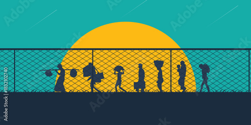 World refugee day. Refugee silhouette background template. A person forced to emigrate vector.