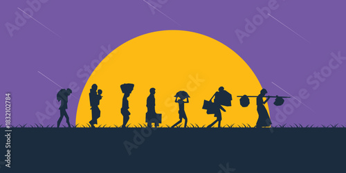 World refugee day. Refugee silhouette background template. A person forced to emigrate vector.