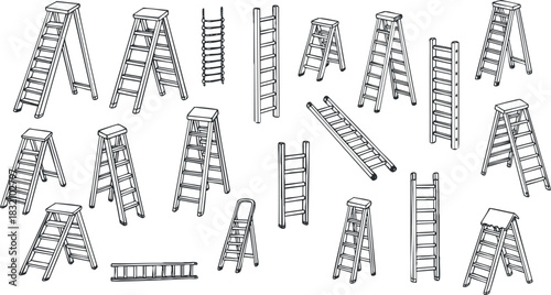 A collection of various ladder designs in black and white outline vector style, suitable for construction and home improvement projects