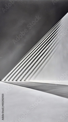 Abstract image of a minimalist interior with dramatic shadows and geometric patterns created by light and shadow.