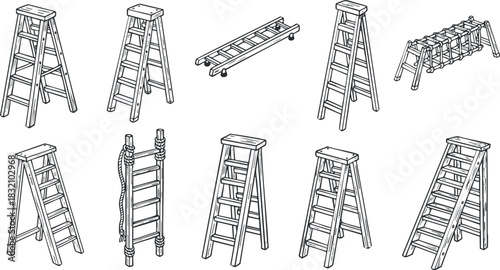 A collection of various ladder designs including step ladders, extension ladders, and scaffolding in clean black outline vector style, suitable for construction and home improvement projects