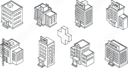 A collection of outlined healthcare buildings including clinics and hospitals in simple vector style, suitable for medical and urban design projects