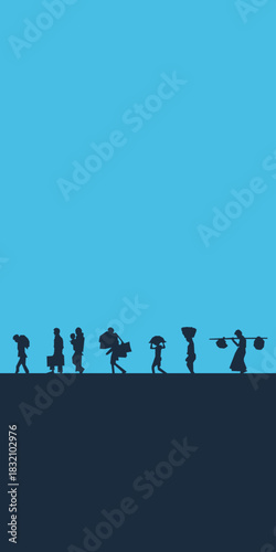 World refugee day. Refugee silhouette background template. A person forced to emigrate vector.