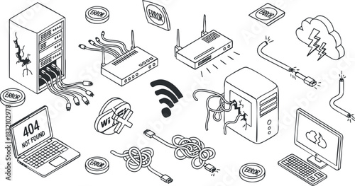 A collection of computer and network elements including servers, cables, and error messages in an outline vector style, ideal for technology-related projects
