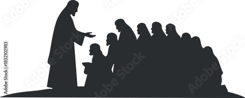 A silhouette of a religious leader teaching a group of followers in minimalist vector style, suitable for spiritual and educational themes