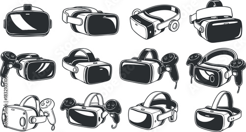 A collection of various virtual reality headsets and controllers in minimalist black and white vector style, suitable for technology and gaming themes