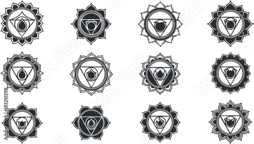 A collection of ten black and white chakra mandala illustrations in geometric vector style, ideal for wellness and spiritual projects