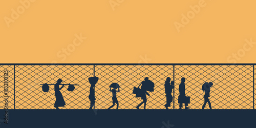 World refugee day. Refugee silhouette background template. A person forced to emigrate vector.