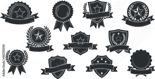 A collection of various award badges and seals in black and white outline vector style, ideal for branding and recognition purposes