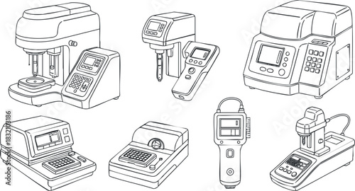 A collection of various technological machines and equipment in flat outline vector style, suitable for tech-related projects and presentations