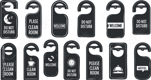 A collection of door hangers featuring 'Do Not Disturb', 'Please Clean Room', and 'Welcome' messages in black and white vector style, ideal for hotel and hospitality branding