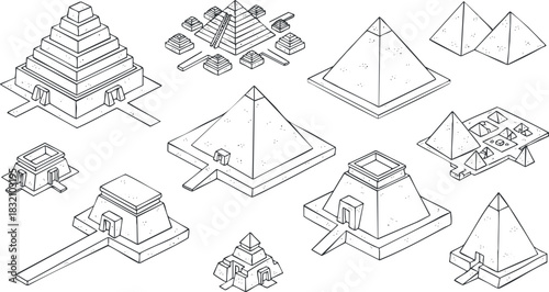 A collection of various pyramids in outline geometric vector style, suitable for historical and educational designs