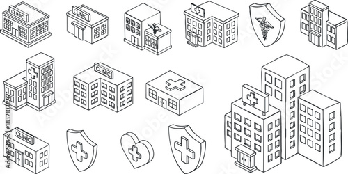 A collection of healthcare-related buildings and symbols in outline vector style, suitable for medical projects and presentations