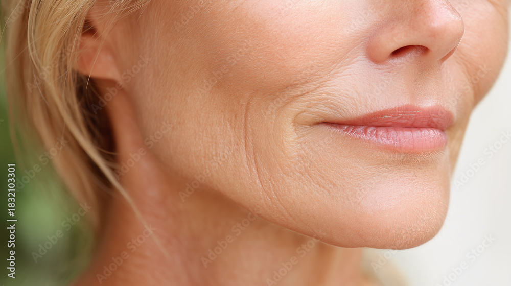 Obraz premium Mature woman cheekbone skin with visible fine lines, smooth texture, natural glow, healthy complexion, subtle wrinkles, and soft smile, close up detail