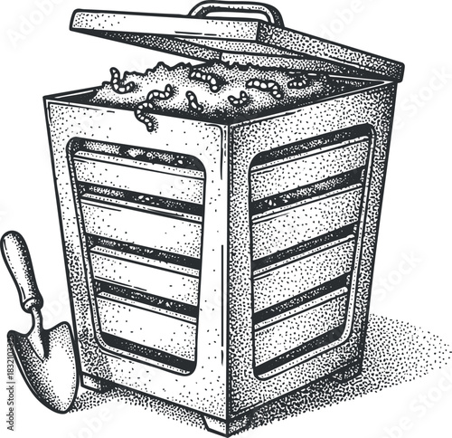 A detailed hand-drawn illustration of a compost bin with a shovel in vintage stipple style, ideal for gardening and sustainability projects