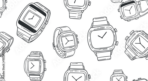 A collection of various watches in a black and white outline vector style, suitable for fashion and accessory design projects