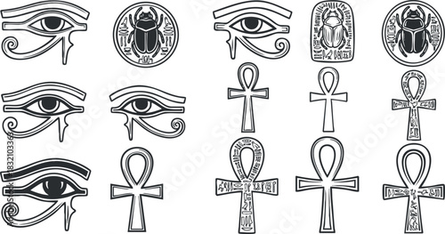 A collection of Egyptian symbols including the Eye of Horus, Ankh, and scarab beetle in black and white vector style, ideal for historical or cultural design projects