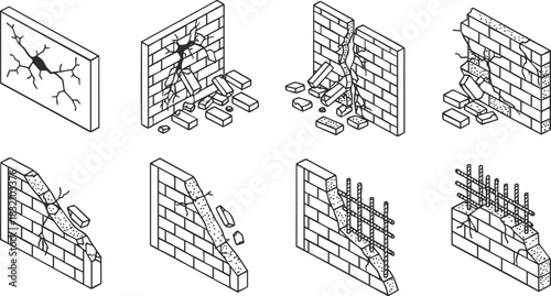 A collection of broken and cracked wall illustrations in clean outline vector style, suitable for construction and repair projects