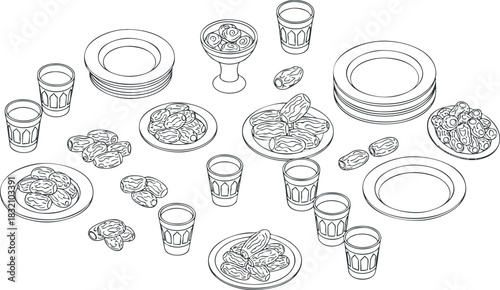 A collection of plates, glasses, and various snacks in outline vector style, ideal for catering and event planning