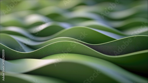 Close-up of abstract green wave-like forms with a textured surface, creating a sense of movement. The image is softly lit, emphasizing the curves and textures.