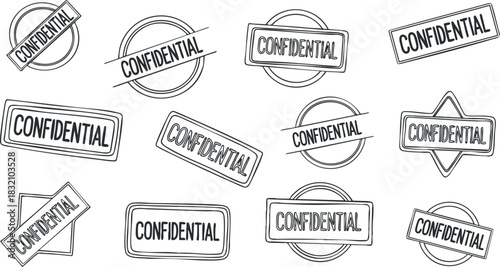 A collection of various 'Confidential' stamps and seals in clean outline vector style, suitable for document security and business branding