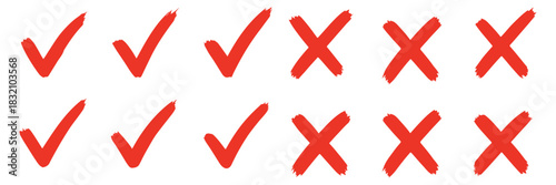 Check tick mark icon set. Cross box x check mark checkbox v list vector draw hand drawn sketch doodle brush marker checklist symbol wrong right circle. Vector Illustration
