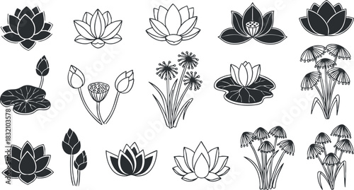 A collection of lotus flowers in various styles including outline and minimalist vector design, suitable for wellness and spa branding