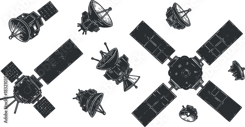 A collection of various spacecraft and satellites in black and white vector style, ideal for technology and space exploration designs