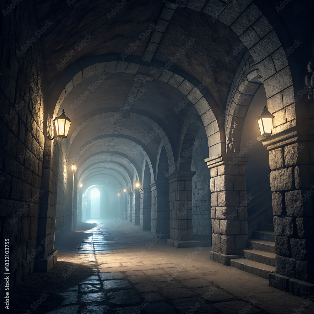 Fototapeta premium Ancient Stone Archway Corridor with Lantern Illumination