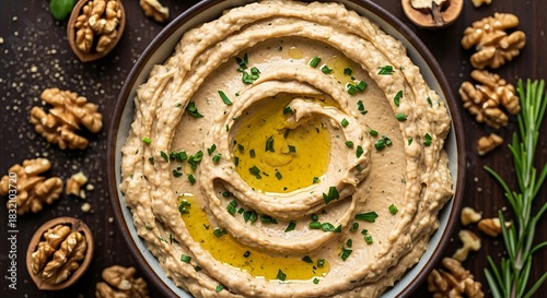 Fototapeta Naklejka Na Ścianę i Meble -  Delicious walnut dip with olive oil and fresh herbs served in a rustic ceramic bowl