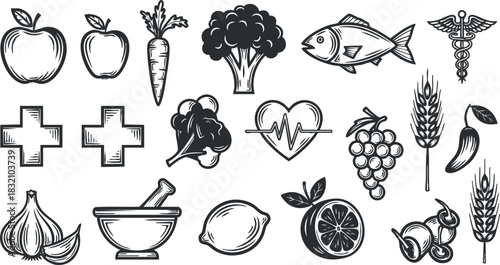 A collection of health-related icons including fruits, vegetables, fish, and medical symbols in black and white vector style, perfect for wellness and nutrition branding