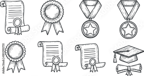 A collection of award ribbons, medals, and certificates in hand-drawn outline vector style, suitable for educational and recognition projects