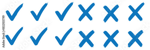 Check tick mark icon set. Cross box x check mark checkbox v list vector draw hand drawn sketch doodle brush marker checklist symbol wrong right circle. Vector Illustration