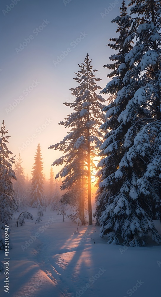 Fototapeta premium A serene winter scene captures a snowy landscape with tall evergreen trees silhouetted against a golden sunrise