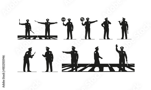 Traffic police officers directing traffic at an intersection depicted in a dynamic silhouette style isolated on white background